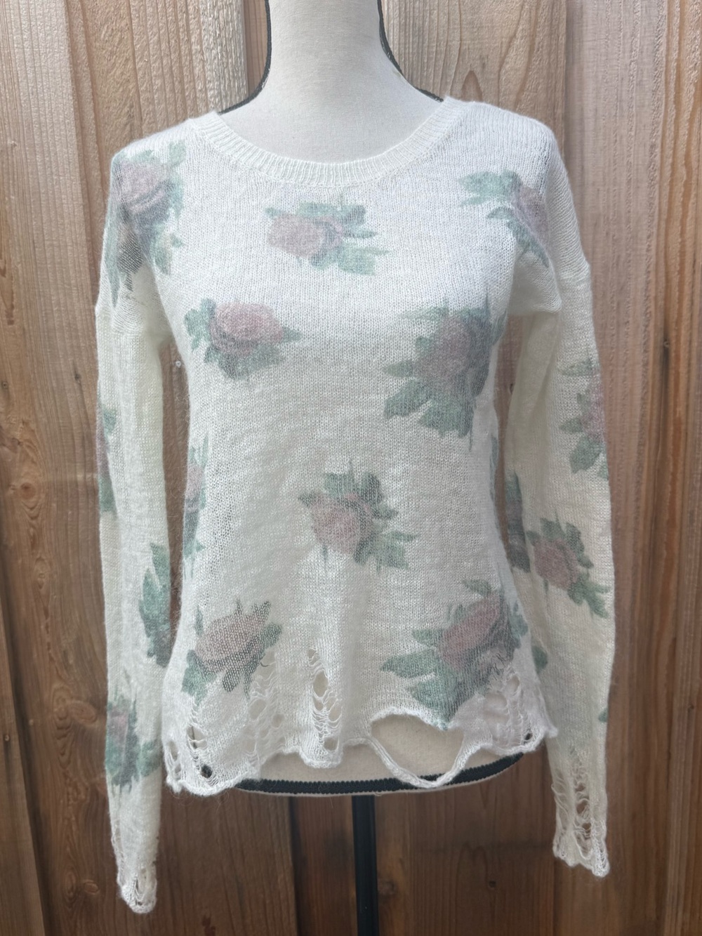 Miss Me Cream Sweater with Pink and Green Floral Accent